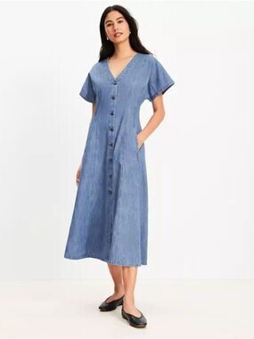 LOFT Light Blue Button-Front V-Neck Midi Dress